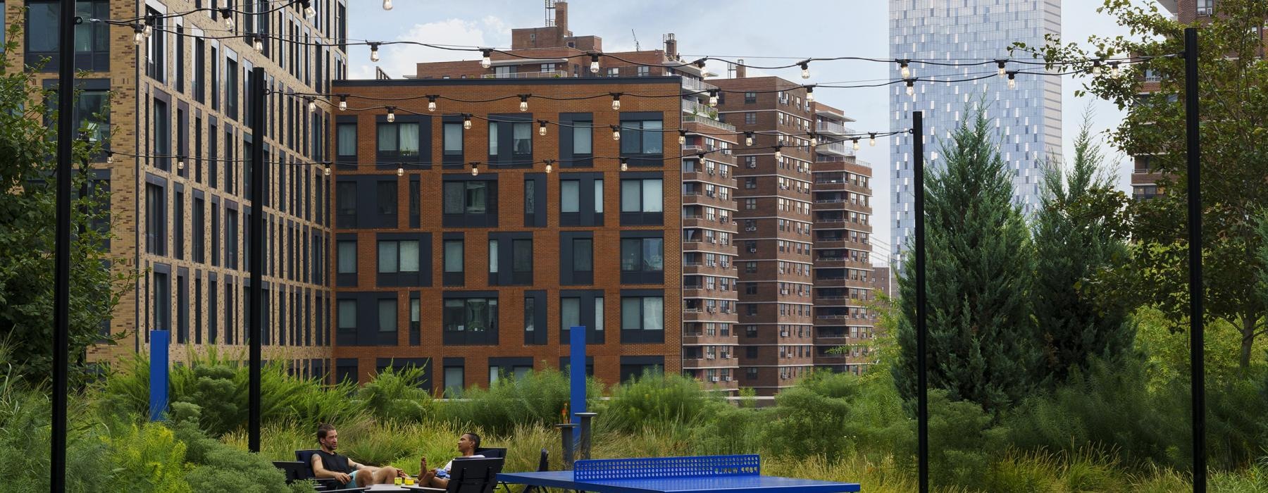 a park with a few buildings